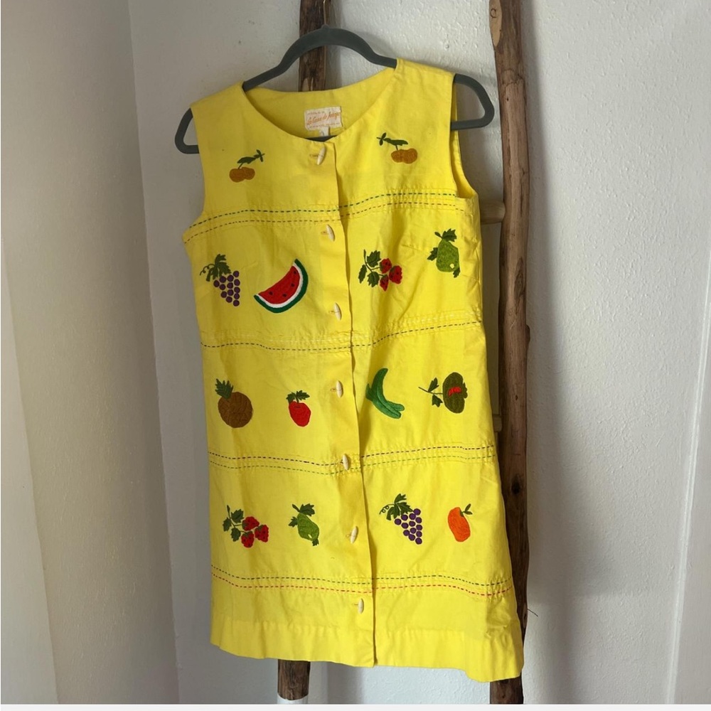 Josefa One of a Kind Rare Vintage 60s 70s Yellow Cotton Embroidered Fruit Dress